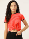 Women Red & White Pure Cotton Striped Twisted Crop Top