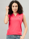 FEMEA Women Solid Polo Collar Sleeveless T-shirt