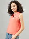 FEMEA Women Solid Polo Collar Sleeveless T-shirt