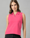 Femea Women Solid Polo Collar T shirt