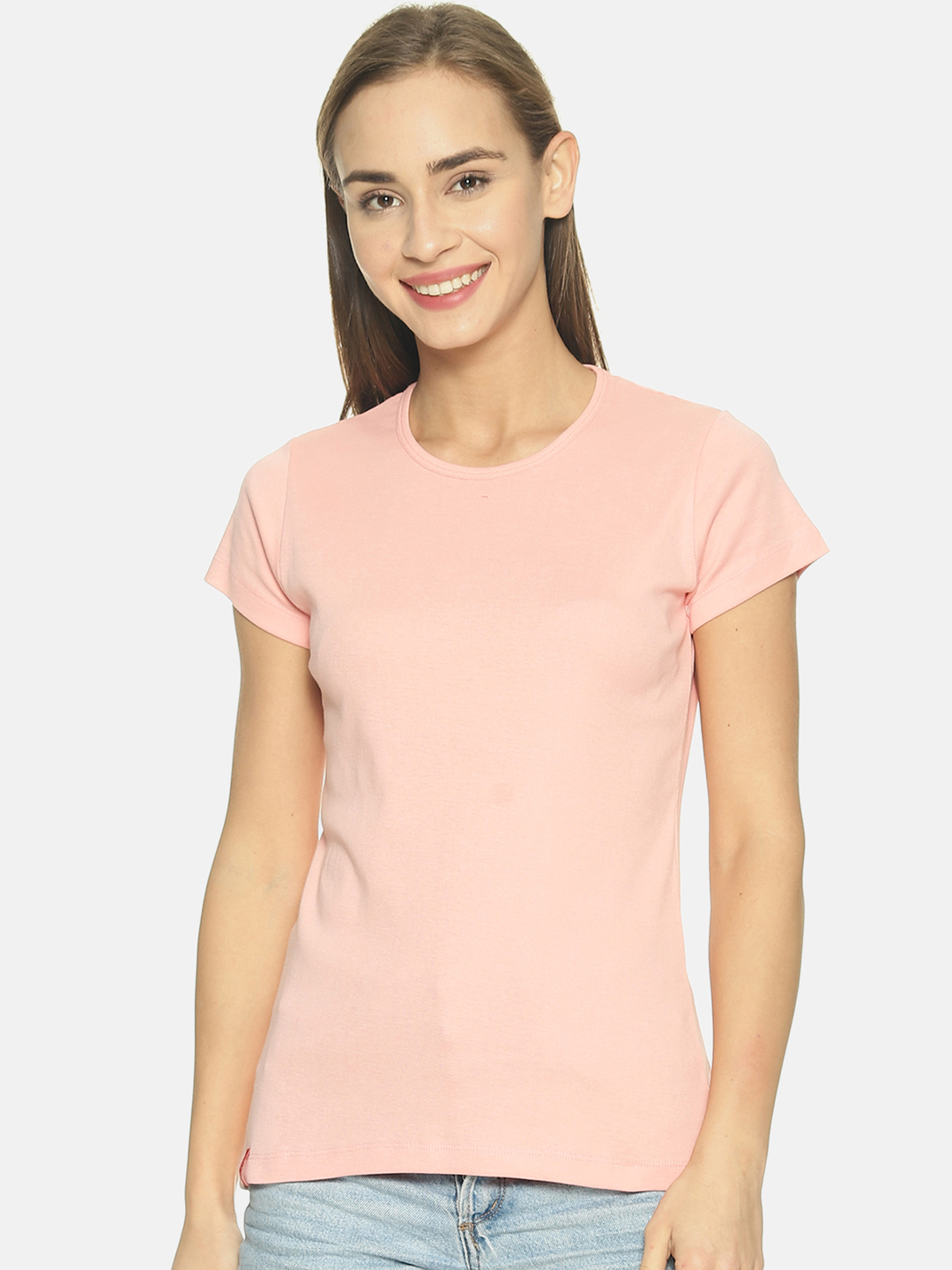 Women Peach Solid Round Neck T-shirt - Rvk